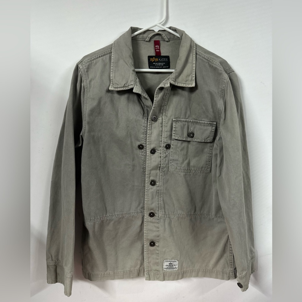 Alpha Industries Button Down Shirt Jacket Green Medium Herringbone Overshirt